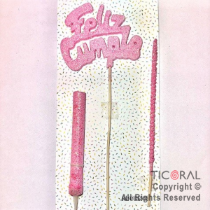 ADORNO DE TORTA SET FELIZ CUMPLE CON BENGALA Y VELA GIBRE ROSA x 1